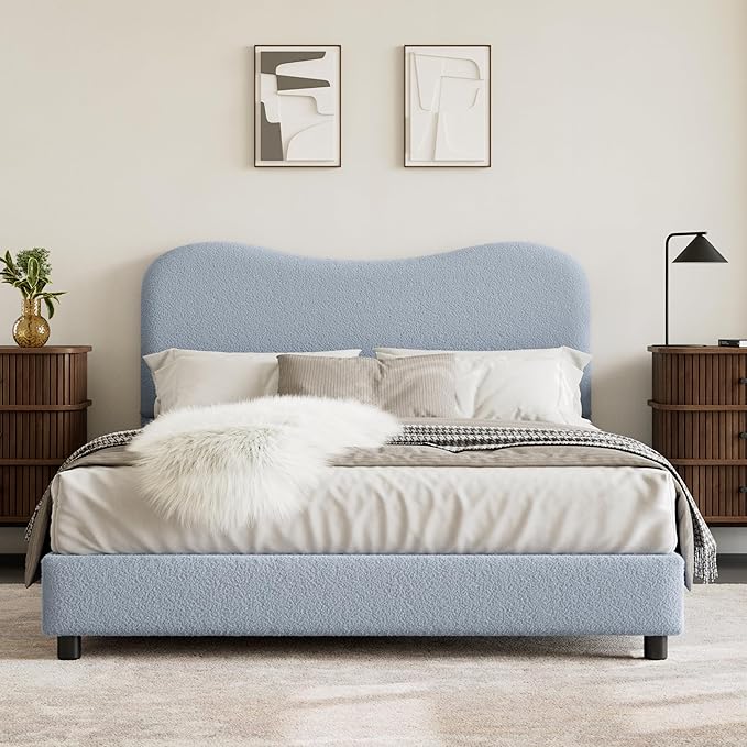 Senfot Blue Boucle Bed Frame with Upholstered Headboard, Soft Low Profile Sturdy Platform Bed with Rounded Corners Design, Heavy Duty, Wooden Slats, Noise Free, No Box Spring Needed, Full Size
