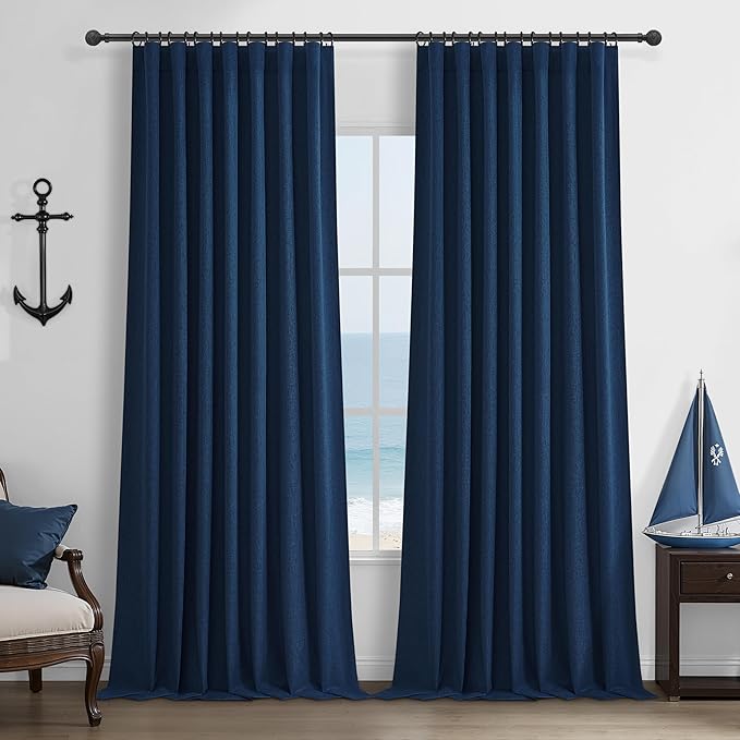 Navy Blue Blackout Curtains 108 Inch Length for Boys Rooms/Bedroom, Floor to Ceiling Track Pleated Drapes with Hooks Linen Thermal Coastal Curtain Dark Blue Window Burg 50"Wx108"Lx2Panels Back Tab