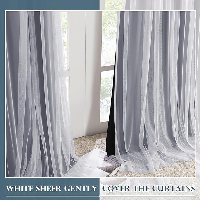 PONY DANCE Curtains for Living Room Blackout Curtains and White Sheer Overlay Double Layer Grommet Drapes for Bedroom with Tiebacks, cortinas para sala modernas (52x72 inches, Black, 2 Pieces)