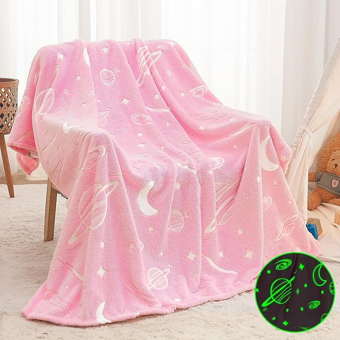 inhand Pink Blanket Girl Room Decor Glow in The Dark Blanket Soft Cute Space Star Moon Galaxy for Kids Birthday Gifts Planet Toys for 1,2,3,4,5,6,7,8,9,10Years Old (30''x40'' Pink)