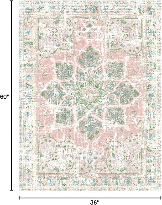 Vhong Boho Area Rugs Vintage Washable Neutral Modern Dusty Pink and Green 3x5 Non Slip Small Carpet for Nursery Living Room Dining Room Bedroom Farmhouse Girls' Room