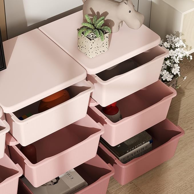 Qaba 3 Tier Kids Storage Unit, 9 Drawer Chest Toy Organizer Plastic Bins for Kids Bedroom Nursery Kindergarten Living Room for Boys Girls Toddlers, Pink