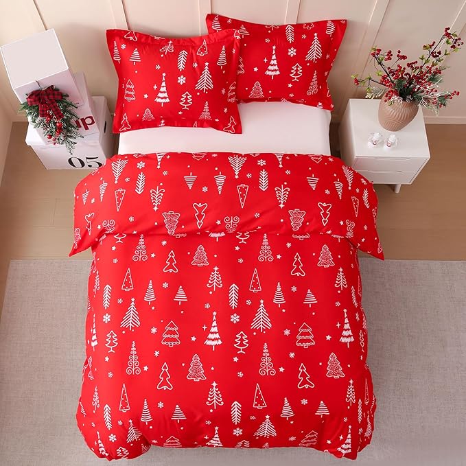 JSD Red Christmas Tree Kids Duvet Cover Set Full Size, 3 Piece Xmas Comforter Cover with Pillow Sham Zipper Closure, Comforter Not Included