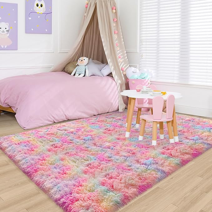 Rainbow Rugs 5x8 Ft Fluffy Plush Area Rugs for Girls Bedroom, Shaggy Rug for Kids Playroom, Kawaii Princess Fuzzy Rugs for Nursery Baby Toddler, Cute Colorful Room Decor for Girls Room