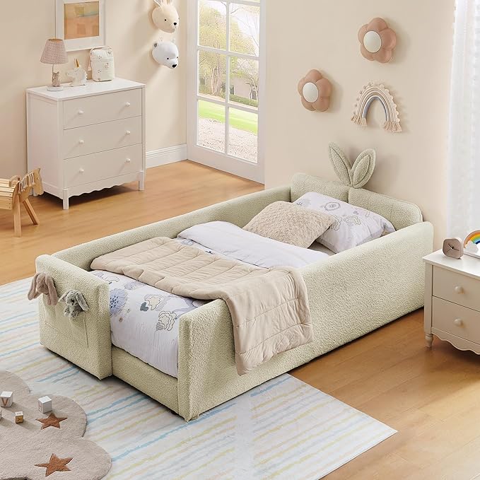 DEINPPA Twin Size Platform Bed Frame with Rabbit Ear Shaped Headboard and Pocket, Boucle Upholstered Bed Frame with Guardrail for Children Kids Boys Girls-Camel