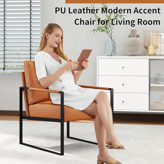 CANMOV Mid Century Modern Accent Chair, PU Leather Armchair with Metal Frame,Comfy Single Reading Chair with Soft Padded Backrest and Cushion for Living Room, Bedroom,Reading Room,Office,Brown