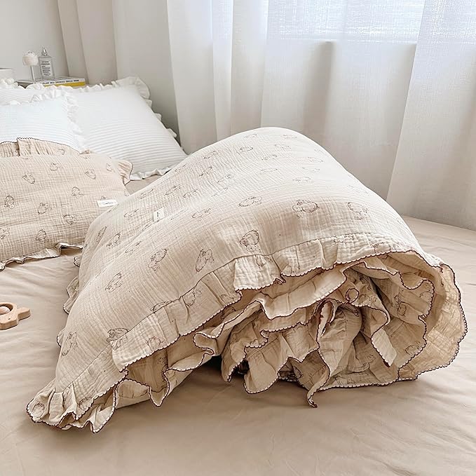 AOJIM Muslin Cotton Kids Duvet Cover with Ruffled Edges for Boys Girls, 1 Piece Soft Pure Cotton Comforter Cover Twin Size 68X86'', Rabbit Kids Bedding Duvet Cover for Room Decor, No Quilt/Pillow
