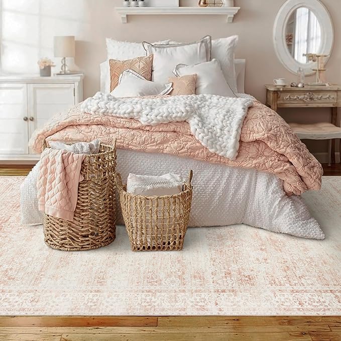 Light Pink Bedroom Rugs 6x9 Aesthetic Cute Boho Floral Feminine Soft Faux Wool Machine Washable Carpet Area Rugs for Kids Room Playroom Office