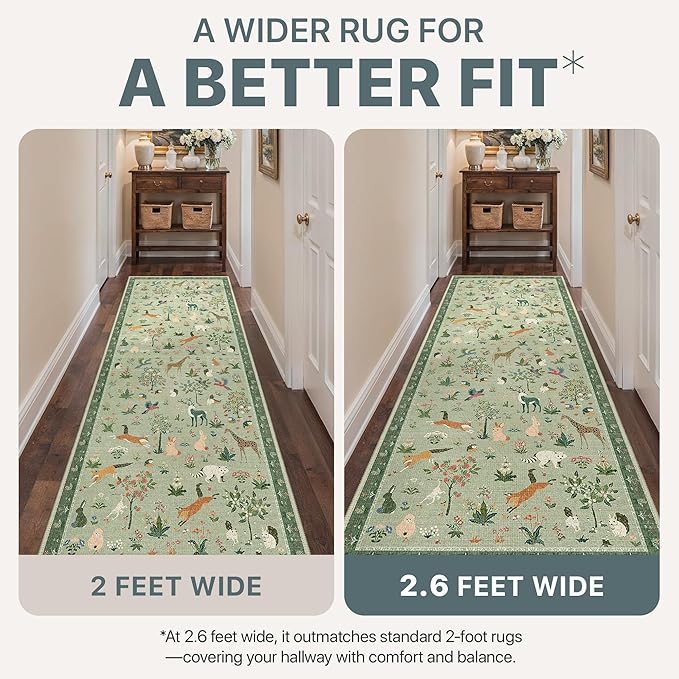Runner Rug Non Slip 2'6''x 6', Floral Animal Print Rug Machine Washable Rug, Non Slip Low Pile Hallway Runner Carpet for Kitchen, Laundry, Bedroom, Bathroom, Light Green