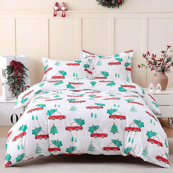 JSD Red Cars Kids Christmas Duvet Cover Set Full Size, 3 Piece Xmas Comforter Cover with Pillow Sham Zipper Closure, Comforter Not Included