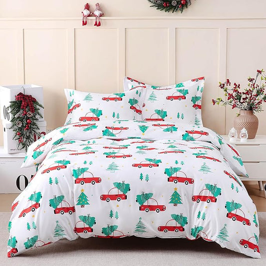 JSD Red Cars Kids Christmas Duvet Cover Set Full Size, 3 Piece Xmas Comforter Cover with Pillow Sham Zipper Closure, Comforter Not Included