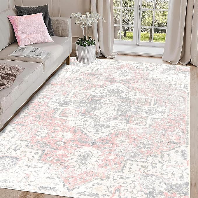 Large Washable Area Rug 6x9 Gray and Pink Non Slip Vintage Rugs for Living Room, Boho Accent Rug Soft Printed Floor Carpet for Nursery Dining Room