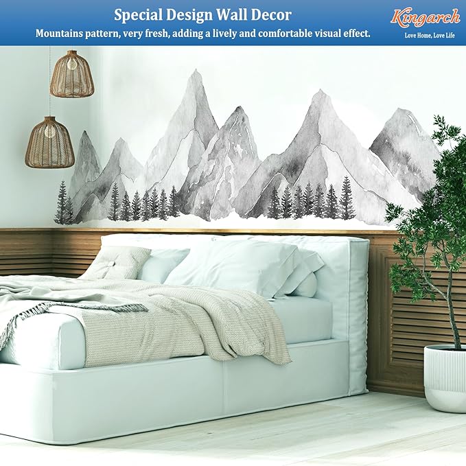 Large Mountain Wall Decals, Gray Pine Tree Peel and Stick Vinyl Wall Stickers & Murals, Removable Home Room Wall Decor for Bedroom Living Room Bedroom Classroom Office Nursery