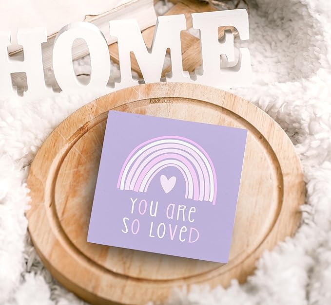 SRADMO You Are So Loved Rainbow Heart Wood Box Sign Desk Decor, Purple Kids Inspirational Quotes Wooden Block Box Sign Decoration for Kids Room Nursery Playroom Shelf Table Decorative Accessories