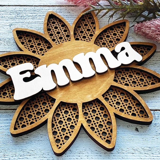 Personalized 3D Name Sign for Nursery, Custom Boho Floral Name Sign, 3D Wooden Layered Handmade Letter Wall Decor for Nursery or Child's Bedroom, Rattan Baby Name Sign