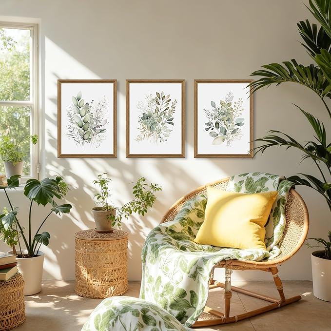 WRFON Watercolor Botanical Wall Art Set of 3 Boho Sage Green Wildflower Canvas Wall Art Prints Modern Floral Wall Decor for Bedroom Living Room Bathroom Decorations Wood Framed 16x24 Inches