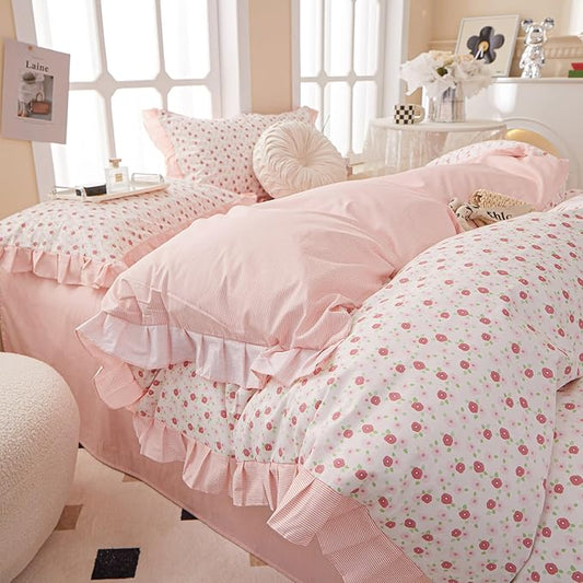 Ruffle Duvet Cover Queen Cute Red Flower Printed Lace Comforter Cover 100% Cotton Floral Duvet Cover Reversible Pink Striped Ruffle Comforter Cover Teen Girls Romantic Princess Bedding Sets Queen