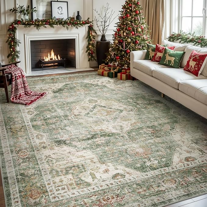 AMOAMI-Area Rug 5X7 Rugs for Living Room-Vintage Soft Green Rugs for Bedroom-Non Slip Carpet-Machine Washable Rug for Dining Room Living Room Bedroom Office Under Table