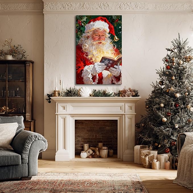 YONICA Christmas Canvas Wall Art Reading Santa 20x30 Inch Oil Painting with Glowing Book and Holly - Large Framed Gallery Wrapped Library Decor