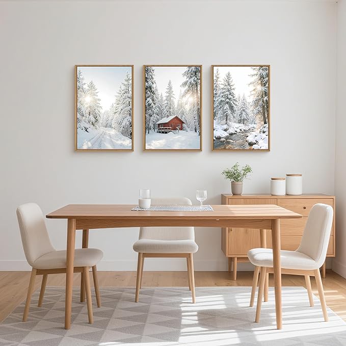 FWIEXA Christmas Winter Canvas Wall Art Set 3, Red Cabin Snowy Forest Framed Prints, Pine Tree Stream Landscape Paintings, 24x36In Country Barn Artwork for Holiday,Gift,Living Room,Bedroom,Farmhouse