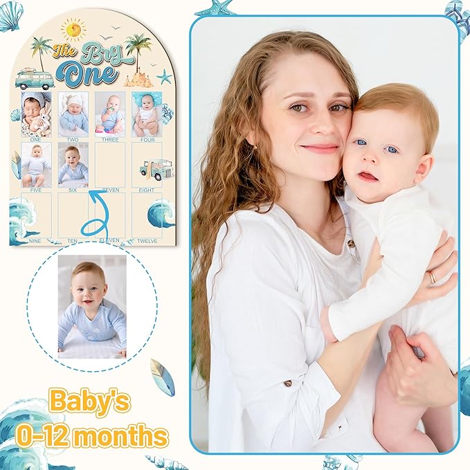 R HORSE My First Year Photo Display Wood Board - Baby’s First Year Picture Frame, 12 Months Milestone Board, 3D Summer Beach Neutral Baby Keepsake Gift One Year Old Birthday Nursery Decor for Girl Boy
