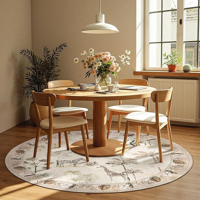 jinchan Round Rug 6ft Beige Jungle Animals Print, Machine Washable 6' Circle Modern Soft Non-Slip Forest Plant Throw Area Rug, Low Pile Carpet for Living Room Bedroom Dining Room Kids Room Playroom