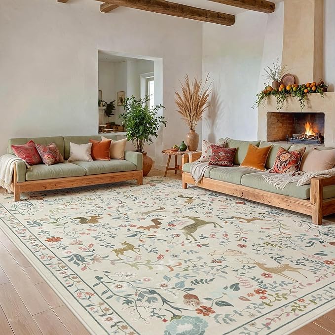 8x10 Area Rugs for Living Room Floral Animal Print Carpet Washable Non-Slip Large Rug Low Pile for Indoor Bedroom Dining Room Nursery Home Office Farmhouse Kids Play Room Beige
