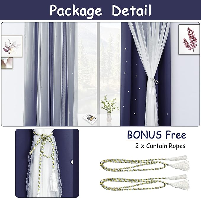 Kinryb Kids Star Cutout Curtains for Bedroom/Living Room/Classroom,2 Free Tiebacks Sheer Overlay 95 Inches 2 Panel Set, Double Layer Curtains for Kids Room(W52xL95 Inches,Navy Blue 2 Pcs)