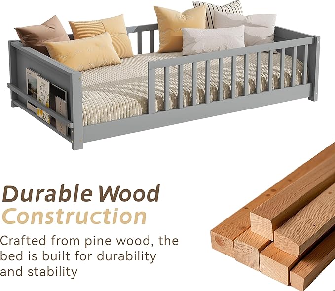 Twin Toddler Floor Bed with High Rails, Wooden Montessori Bed Frame with Built-in Book Rack, Twin Size Bed Frame for Kids, Boys and Girls, Grey