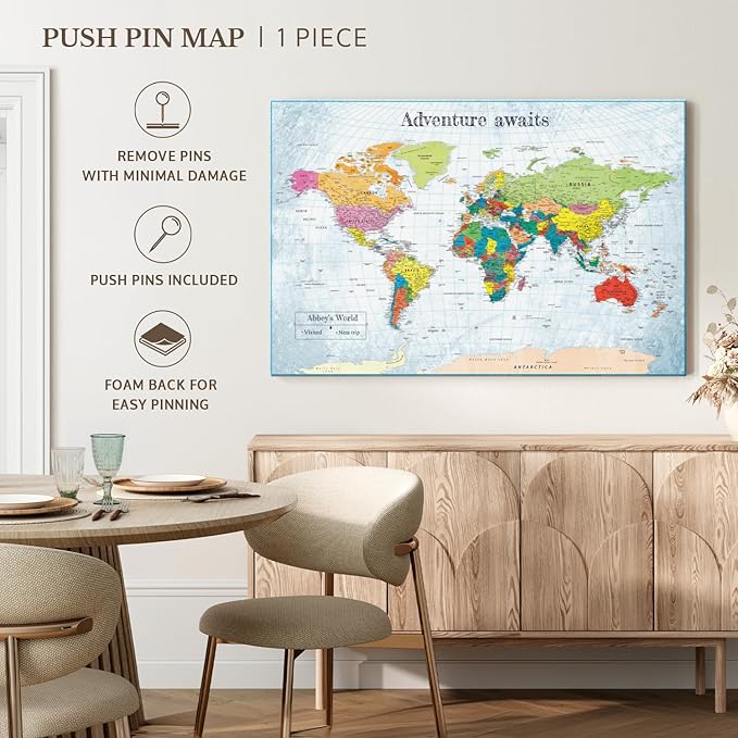 ElephantStock - Personalized Adventure Awaits IV Push Pin World Map Wall Art - Horizontal Canvas Wall Art - Living Room Wall Decor - Digital Art Map Canvas Art - Blue And Green Decor - 48" x 32"