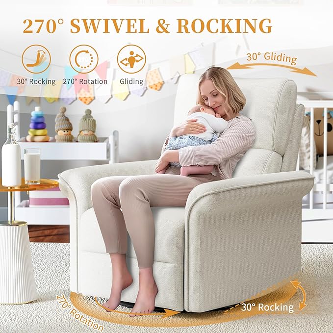 Power Swivel Rocker Recliner Chair for Nursery, Upholstered Snowflake Velvet 270°Swivel Glider Rocker Chair with USB Ports, Small Power Recliners for Small Spaces Living Room