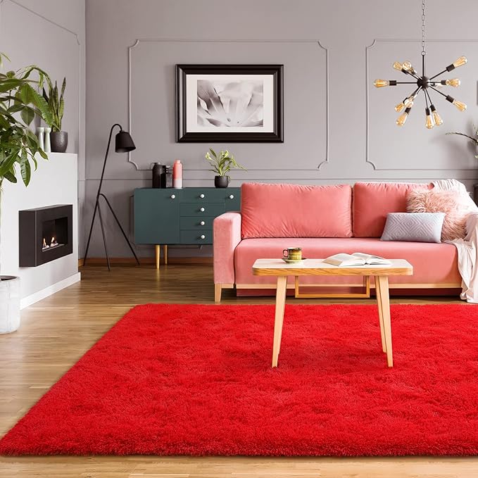 BENRON Fluffy Rugs for Living Room 6x9 Red, Washable Large Area Rugs for Bedroom Dining Table Office Kids Nursery Room, Washable Indoor Floor Carpets