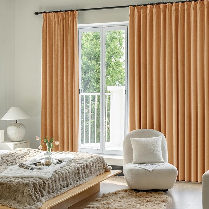 IVAPUPU Linen Pinch Pleated Full Blackout Curtains for Bedroom - 2 Pages Black Out Gold Curtains 108 Inch Long 2 Panel for Living Room Darkening Thermal Window Curtain Drapes with 16pc Hooks