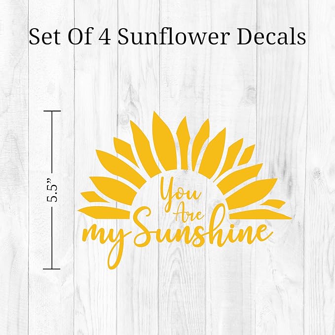 Cheerful Sunflower Wall Decals - Set of 4 Yellow Vinyl Sunflower Stickers for Bathroom Mirror Bedroom Kitchen Dorm Apartment Peel and Stick Home Decor