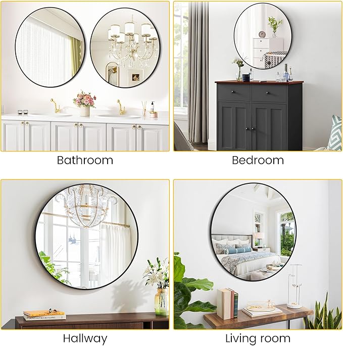 Round Mirror 24 Inch Circle Bathroom Mirror: Fog Resistant Glass with Aluminum Frame - Wall Mounted Vanity Mirror for Entryway, Bedroom & Living Room Decor，Black