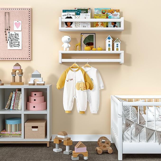 Heimlove Nursery Floating Shelves, Solid Wood Nursery Book Shelves for Wall, 16 inch Bookshelf for Kids, Wall Mounted Shelves for Books,Toys and Decor Storage, Set of 2 (White)