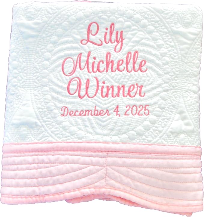 Personalized Baby Bed Blanket Quilt with Name Date Newborn Gift Girl Boy Crib Size White Custom Pink Blue White Embroidered Nursery