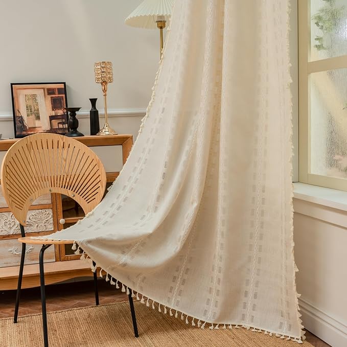 Deeprove Ivory Boho Curtain 72 inches Long for Living Room Bedroom Kitchen, Lodge Bohemian Sheer Linen 72 inches Length Stripe Embroidery Privacy Window Tassel Decor W52 x L72, 1 Panel