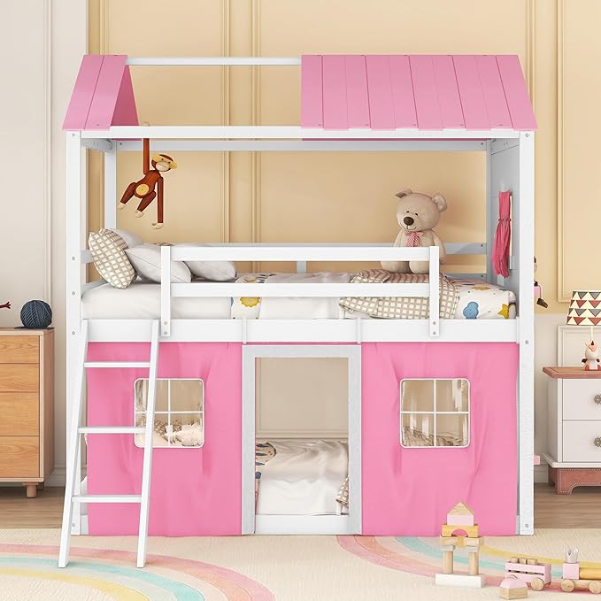Twin Size House Bunk Bed with Elegant Windows and Sills, Solid Wood Tent Bed Frame with Guardrails for Kids Teens Boys Girls, Versatile Spacious Under Bed Space with Curtains (Pink+White T)