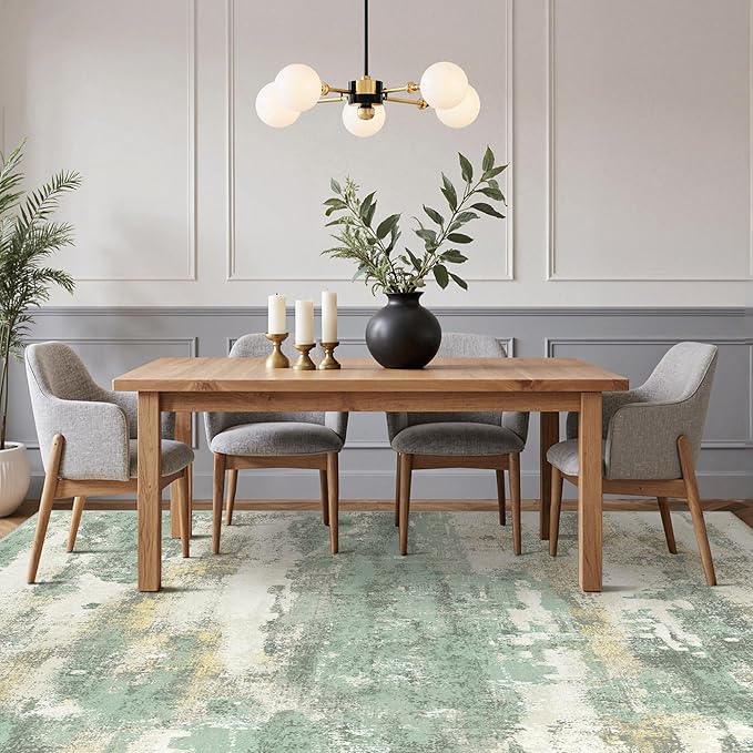 8x10 Area Rugs Washable Green Rug for Living Room Bedroom, Abstract Modern Large Rug Non Slip, Water Repellent Low Pile Soft Carpet for Dining Room, Light Green
