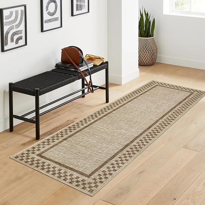 Rug Runners for Hallways 2x8 Washable Kitchen Runner Rug Non Slip Low Pile Bedside Throw Carpet Modern Bordered Bathroom Runners Checkered Area Rug for Living Room Bedroom Entryway Nursery, Taupe