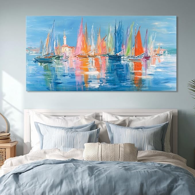Nautical Sailboat Wall Art for Living Room Blue Ocean Theme Canvas Print Modern Abstract Coastal Picture Cityscape Painting Colorful Venice Coastal Scene Seaside Bedroom Bathroom Artwork 12x24inch