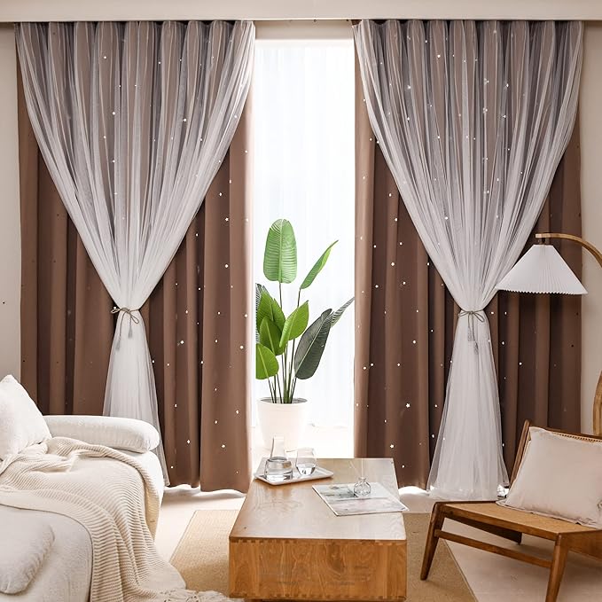 Kinryb Kids Blackout Curtains for Bedroom/Living Room/Classroom, Sheer Overlay 2 Free Tiebacks, Double Layer Curtains with Star Cutout for Kids Room(Each Piece W 70 x L 63 Inches 2 Pcs Coffe)