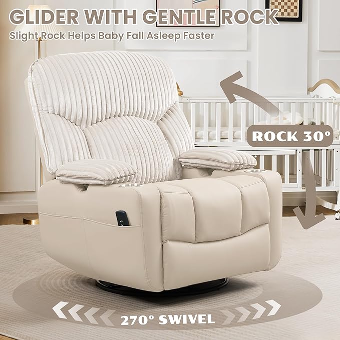 SUNWAVE Power Nursery Rocking Chair with Adjustable Armrests, Nursing Chair with USB, Cup Holders & Blanket, Swivel Rocker Recliner with Corduroy and PU Leather Mixed Fabric (Beige)