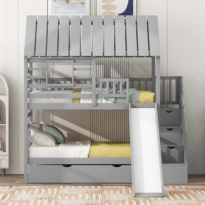 Merax Twin Over Twin House Bunk Bed, Wooden Bed Frame with Trundle and Slide, Storage Staircase, Roof and Window Design, Gray