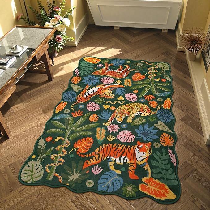 LEEVAN 3x5 Bedroom Rug Washable Tiger Kitchen Rugs Non Slip Green Entryway Mat Scalloped Bathroom Floor Pad Leopard Living Room Rug Low Pile Playroom Carpet Jungle Kids Mat