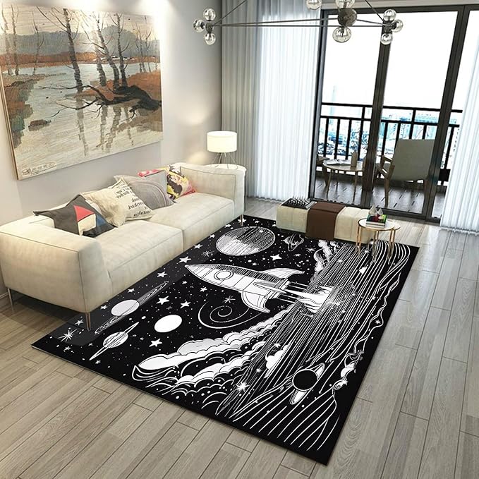 Space Rocket Rug for Boys Room Black and White Rugs Galaxy Stars Carpet Planet Throw Rugs for Kids Teens Doormat Bedroom Living Room,31 in X 47 in