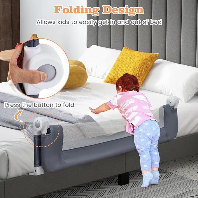 HONEY JOY Bed Rail for Toddlers, Extra Long, Foldable Portable Swing Down Safety Bed Guard Rail, Toddler Bed Rails for Crib, King Queen Full Twin Size Bed Mattress (Gray, 1 Pack, 47 Inch)