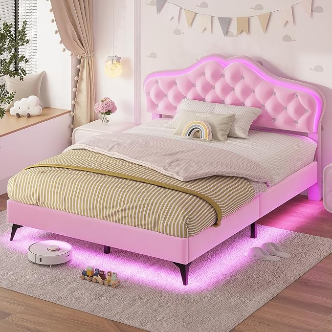 ADORNEVE Queen Size Upholstered LED Bed Frame, Girls Bed with Adjustable Crystal Button Headboard, Velvet Princess Platform Bed for Girls, Solid Wooden Slats, Easy Assembly, Pink