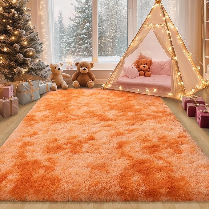 Kids Rugs for Bedroom, 5x7 Fluffy Shaggy Rugs for Living Room, Soft & Non Slip Fuzzy Orange Tie Dye Shag Rug for Girls Room Dorm Home Decor, Modern Indoor Floor Rug